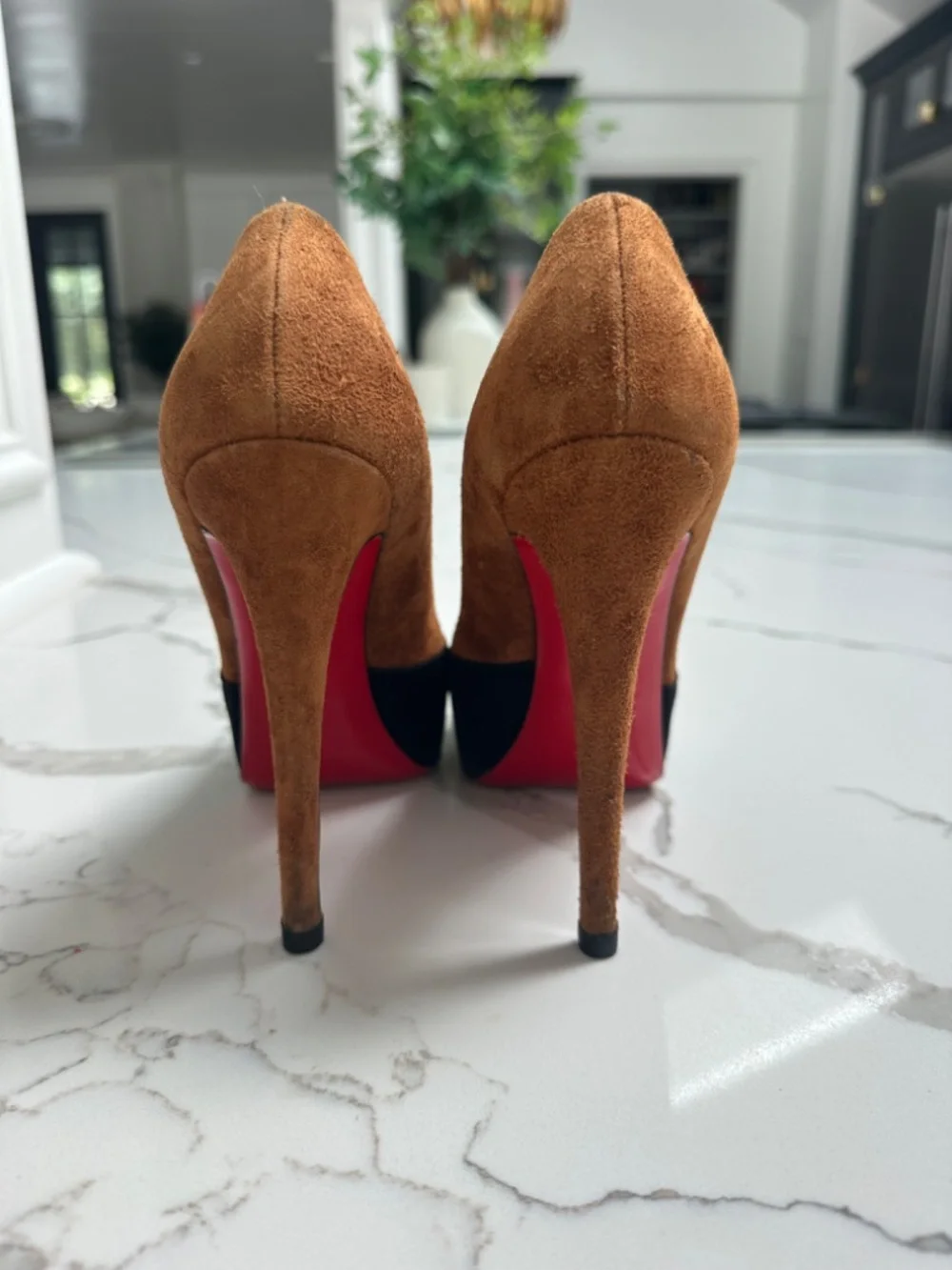 Christian Louboutin Suede Black and Camel Brown Heels Gold Toe 36 Sz
